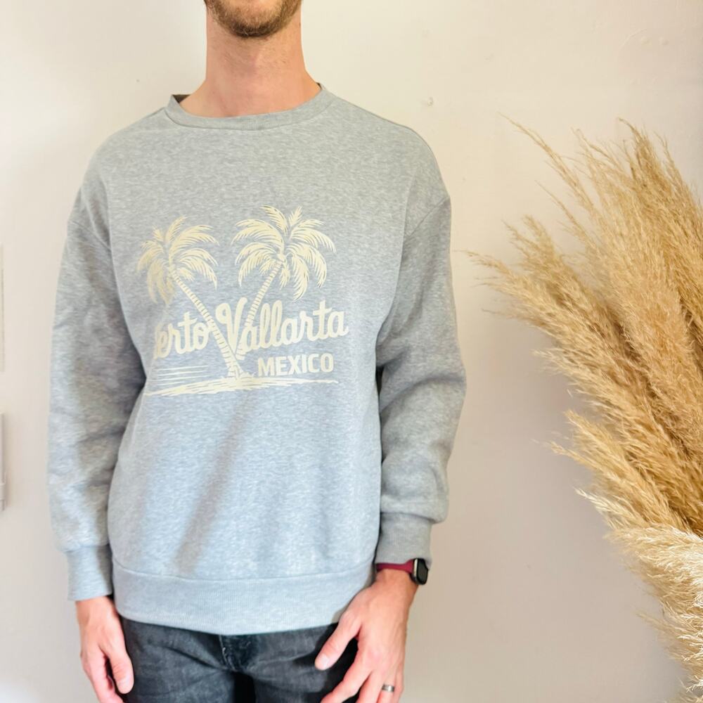 NEW Puerto Vallarta Mexico Grey White Palm Tree Crew Neck Sweater Sweatshirt L